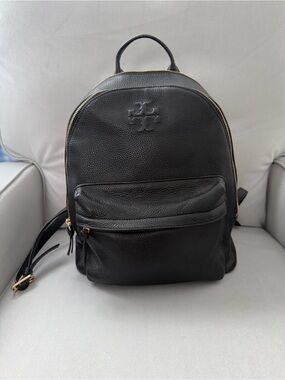 Tory Burch Black Pebbled Leather Backpack with Gold Hardware